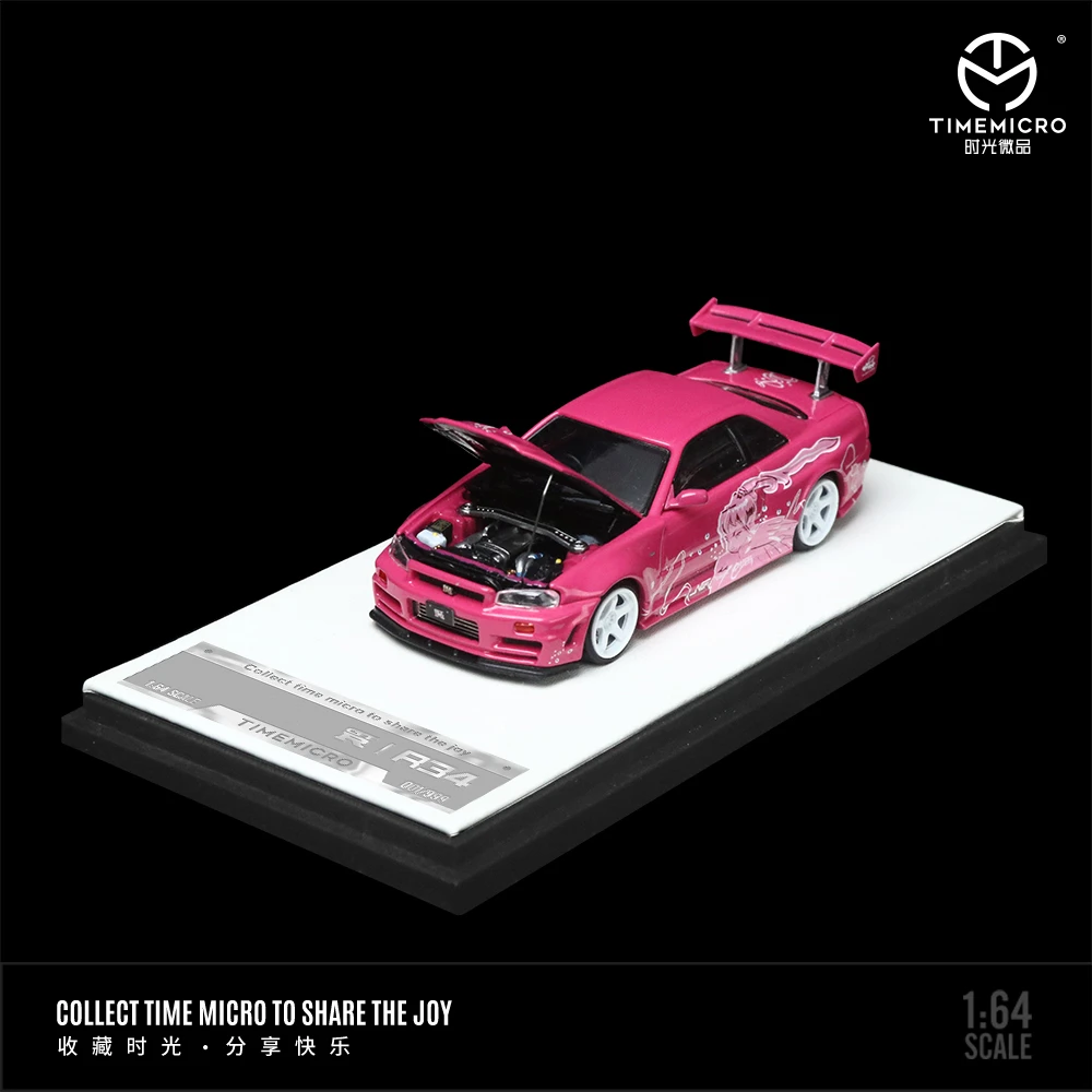 TM In Stock 1:64 GTR R34 Z Tune SUKI PINK PURPLE Openable Hood Diecast Diorama Car Model Collection Miniature TimeMicro