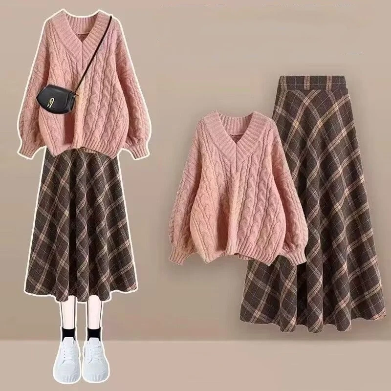 Женский осенне-зимний винтажный серый свитер, клетчатые юбки, костюмы из двух предметов, женский повседневный вязаный пуловер с v-образным вырезом, топы, юбка, наряды
