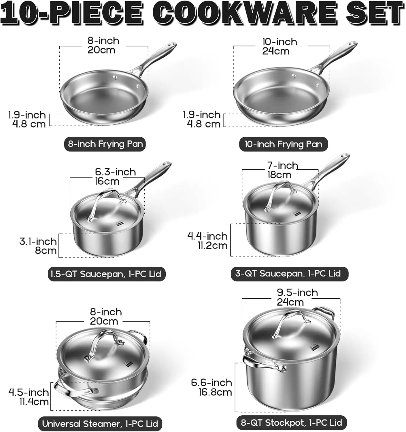 Cooks Standard Stainless Steel Kitchen Cookware Sets 10-Piece, Multi-Ply Full Clad Pots And Pans Cooking Set With Stay-Cool