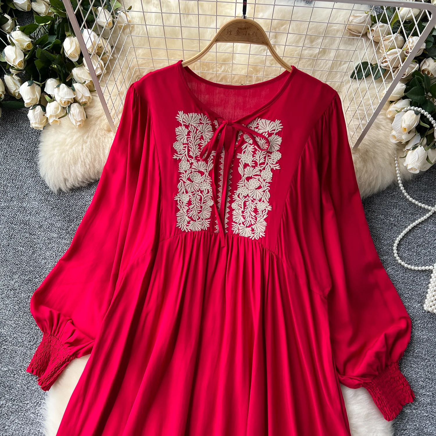 Retro embroidery loose lace-up o neck Lantern Sleeve summer Dress A-line Vacation print Women Elegant sweet dresses