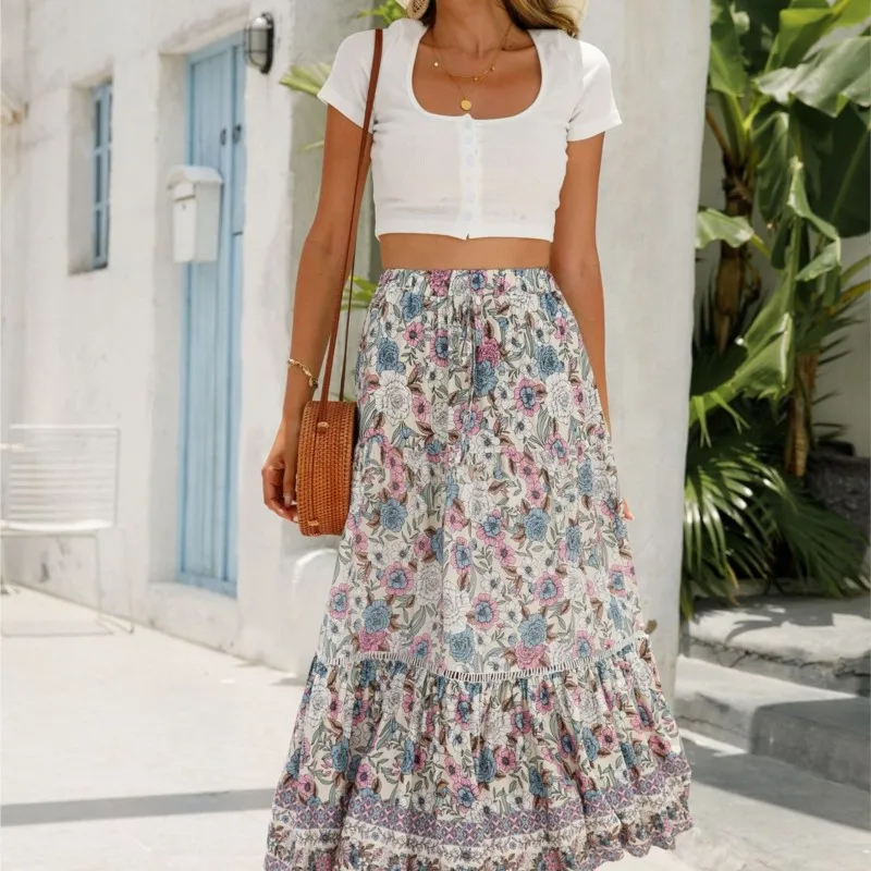 

2024 New Summer and Autumn Women's Long Skirt with Lace Splicing, Loose and Comfortable Bohemian Beach Vacation Style Half Skirt