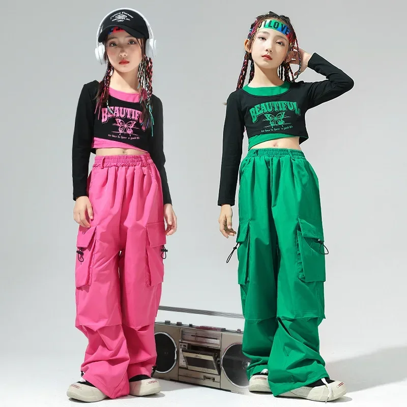 Trajes de moda de baile callejero para niños, ropa de Hip-hop de rendimiento de Jazz para niñas, pantalones de pierna ancha geniales a juego de