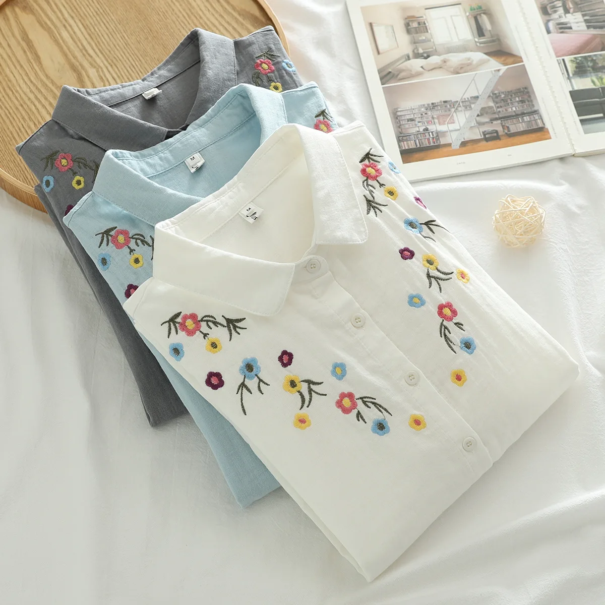 100% Cotton yarn blue women elegant shirts blouses fall clothes 2024 women Japan style flowers embroider long sleeve tops