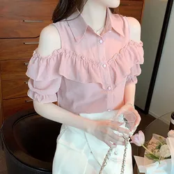 Sweet Fashion Off Shoulder Turn-down Collar Ladies Blouses Summer Women's Clothing Solid Ruffles Patchwork Short Sleeve Shirts