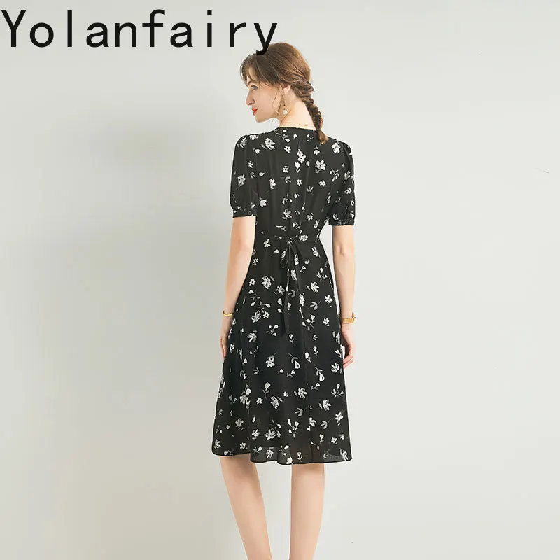 YOLANFAIRY New 100% Real Mulberry Silk Black Dress Summer 2025 Elegant Dresses for Woman Lace-up Floral A-line Dress sommerkleid