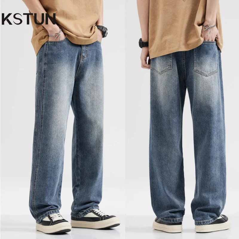 Wide Leg Jeans Men Baggy Pants Summer Straight Cut Loose Fit Blue Male Denim Pants Streetwear Men\'s Clothes Fashion Size Striped