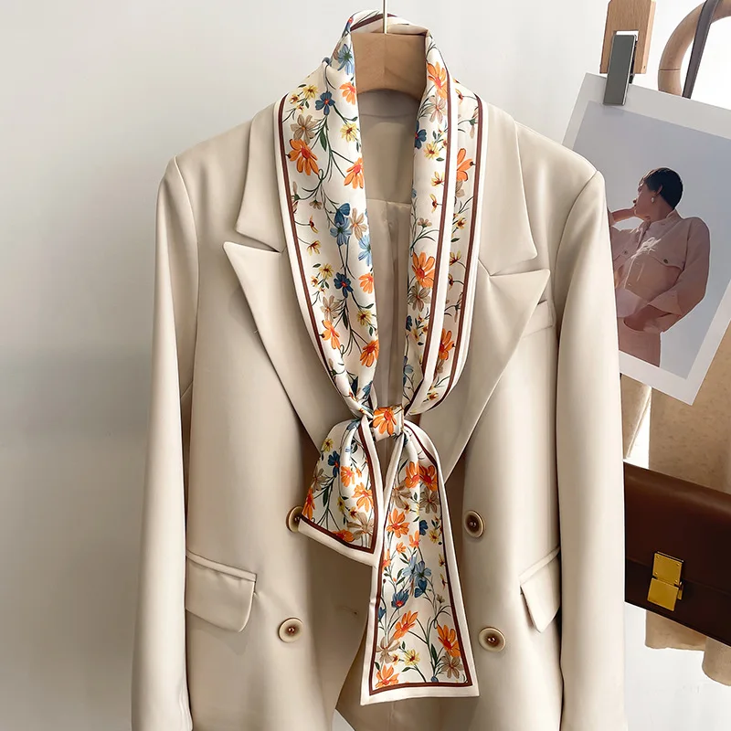 

50 Color New Women Silk Feel Printed Design Scarf Shawl Fashion Luxury Long Narrow Small Silk Scarves Ladies Headband Headscarve