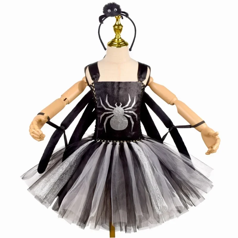 

Black Spider Witch Halloween Costumes for Girls Kids Glittery Spider Web Cosplay Dresses Tutu Outfits for Carnival Party Holiday