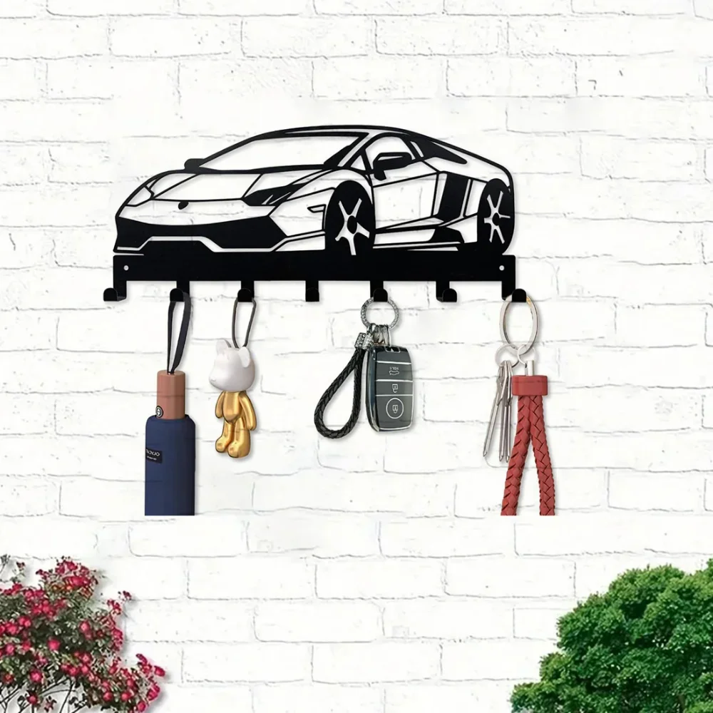 Attraktiver Schlüsselhalter aus Metall für die Wand - Autoschlüssel-Organizer. 7 Haken, schwarz, ideal für die Dekoration vor dem Eingangsbereich