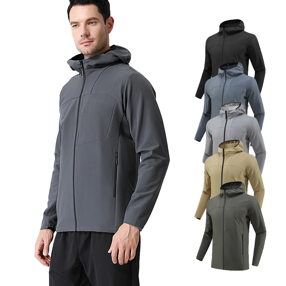 

(M-4XL)Outdoor Running Sport Jacket Men Water Repellent Quick Dry Zipper Hooded Long Sleeved Softshell Hiking Windbreaker