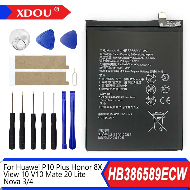 100% New HB386589ECW 3750mAh Battery For Huawei P10 plus Honor 8X View 10 V10 Mate 20 Lite Nova 3/4 Batteries +Tools