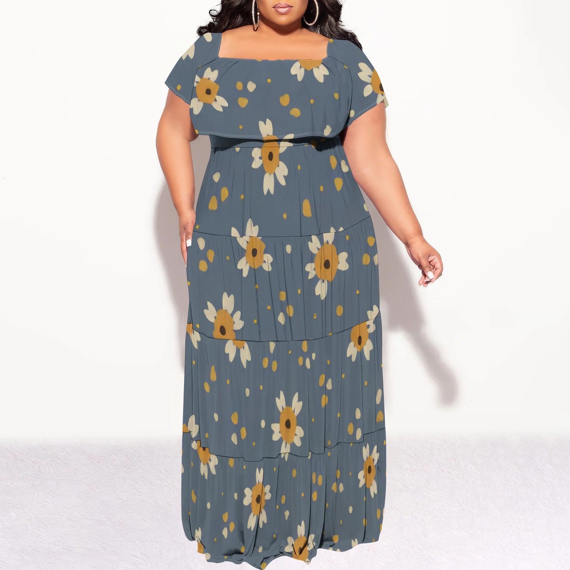 Abito da donna con spalle scoperte Abito lungo da spiaggia casual estivo con stampa floreale hawaiana sexy lungo fino al pavimento