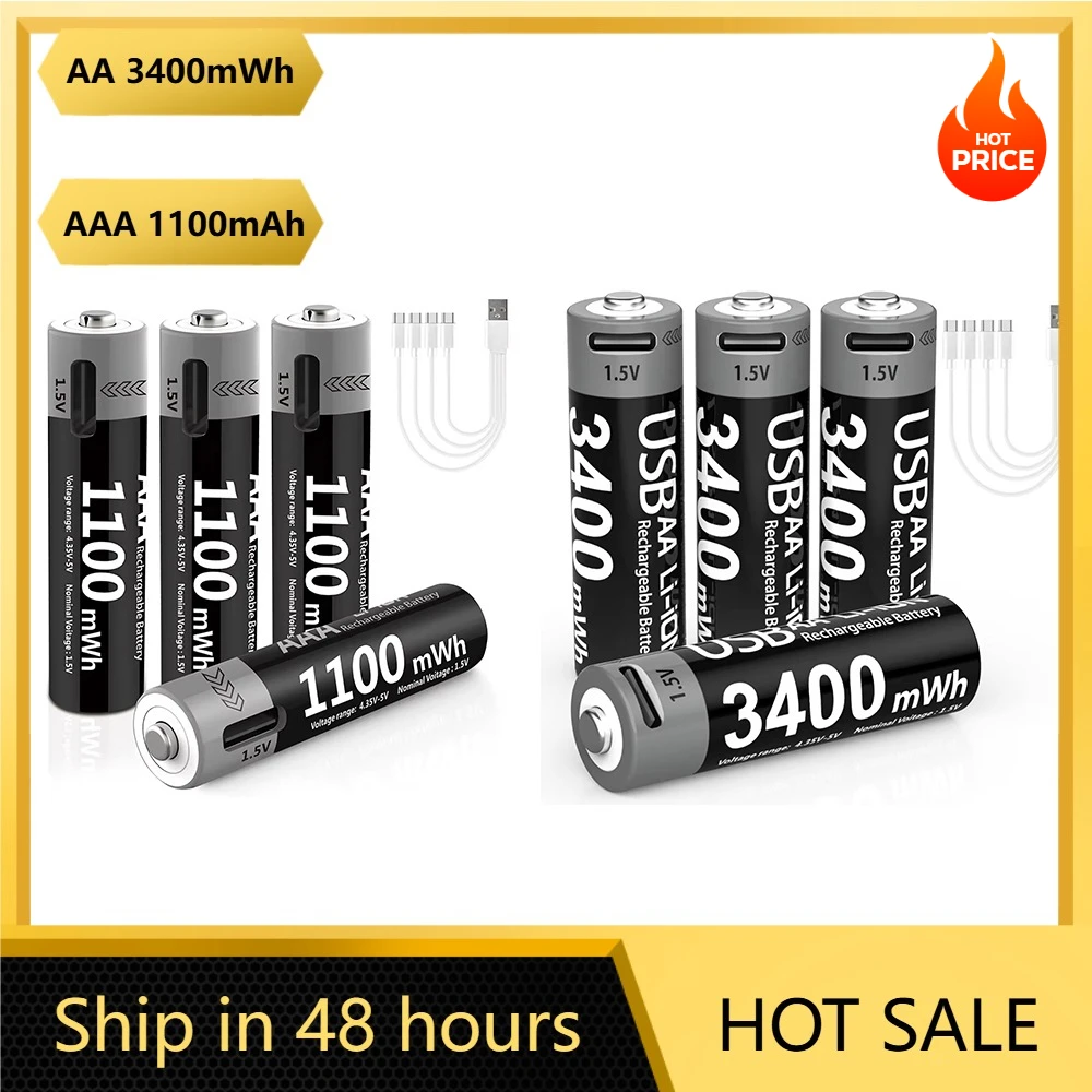 بطاريات ليثيوم أيون AAA وAA قابلة لإعادة الشحن USB ليثيوم أيون 3400mWh 1.5V AA بطاريات قابلة للشحن + بطارية 1100mWh 1.5V AAA #2
