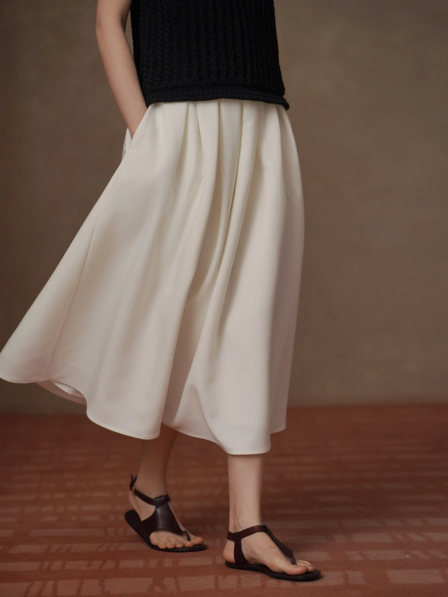 Elegant Light White Flower 3D Silhouette Slimming Pleated High Waist Puffy Commute Lightweight Half Skirt for Women
