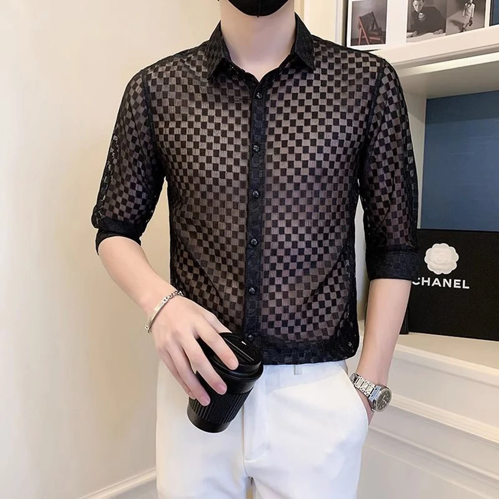 

Mens Shirt Plaid Light Ballroom Shirt Summer Streetwear Fashion Nightclub Breathable Short-Sleeved Top Men'S Clothing 2025 New