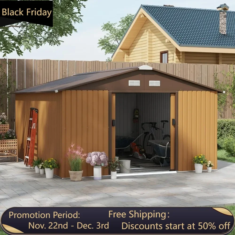 11' x 13' Outdoor Storage Shed, Garden Tool Metal Shed with Foundation Kit, Double Lockable Door, Air Vents and Sloping Roof