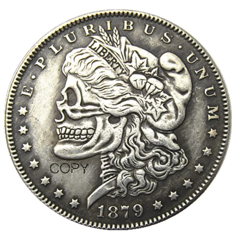 US Hobo 1879 P/CC/S/O Morgan Dollar skull zombie skeleton hand carved Silver Plated Copy Coins