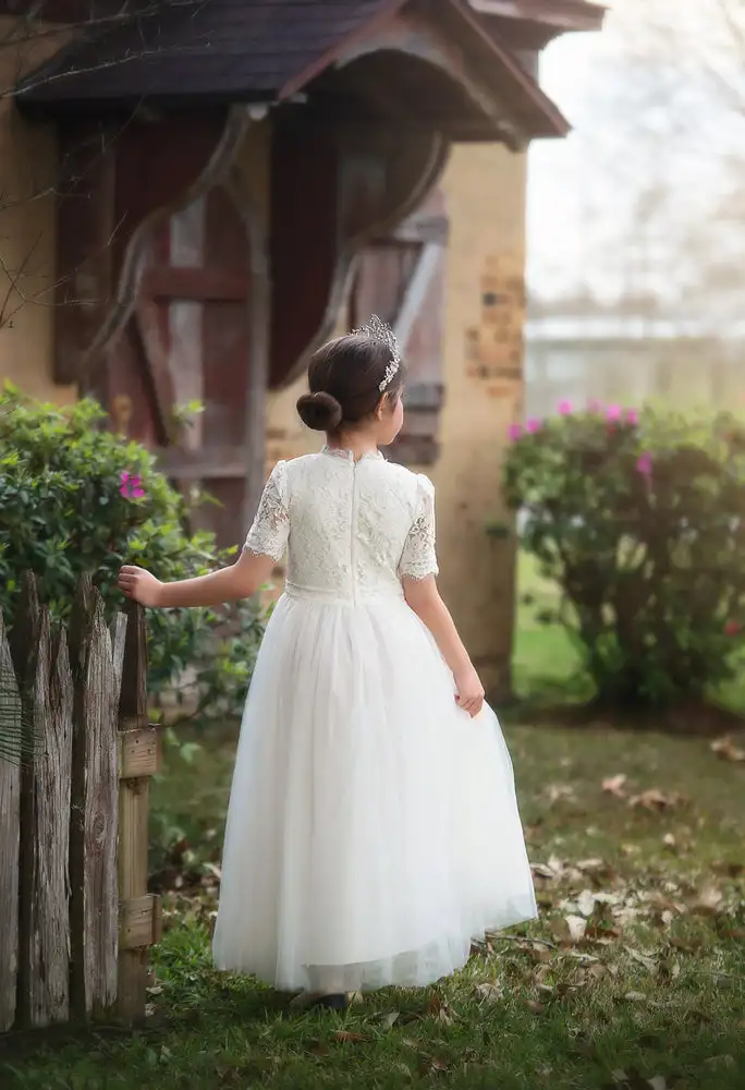 Girls dress ivory lace sleeve birthday party communion dinner flower girl princess dress floor length