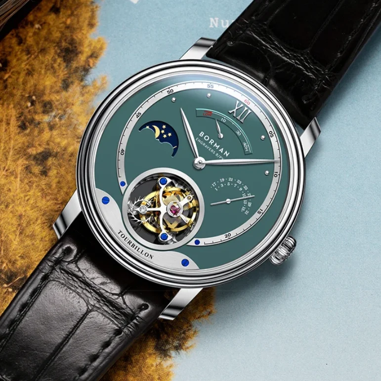 BORMAN Men Tourbillon Watch 40mm Manual Windind Mechanical Wristwatch Sapphire Mirror ST8007 Sun-Night Dial Date Window