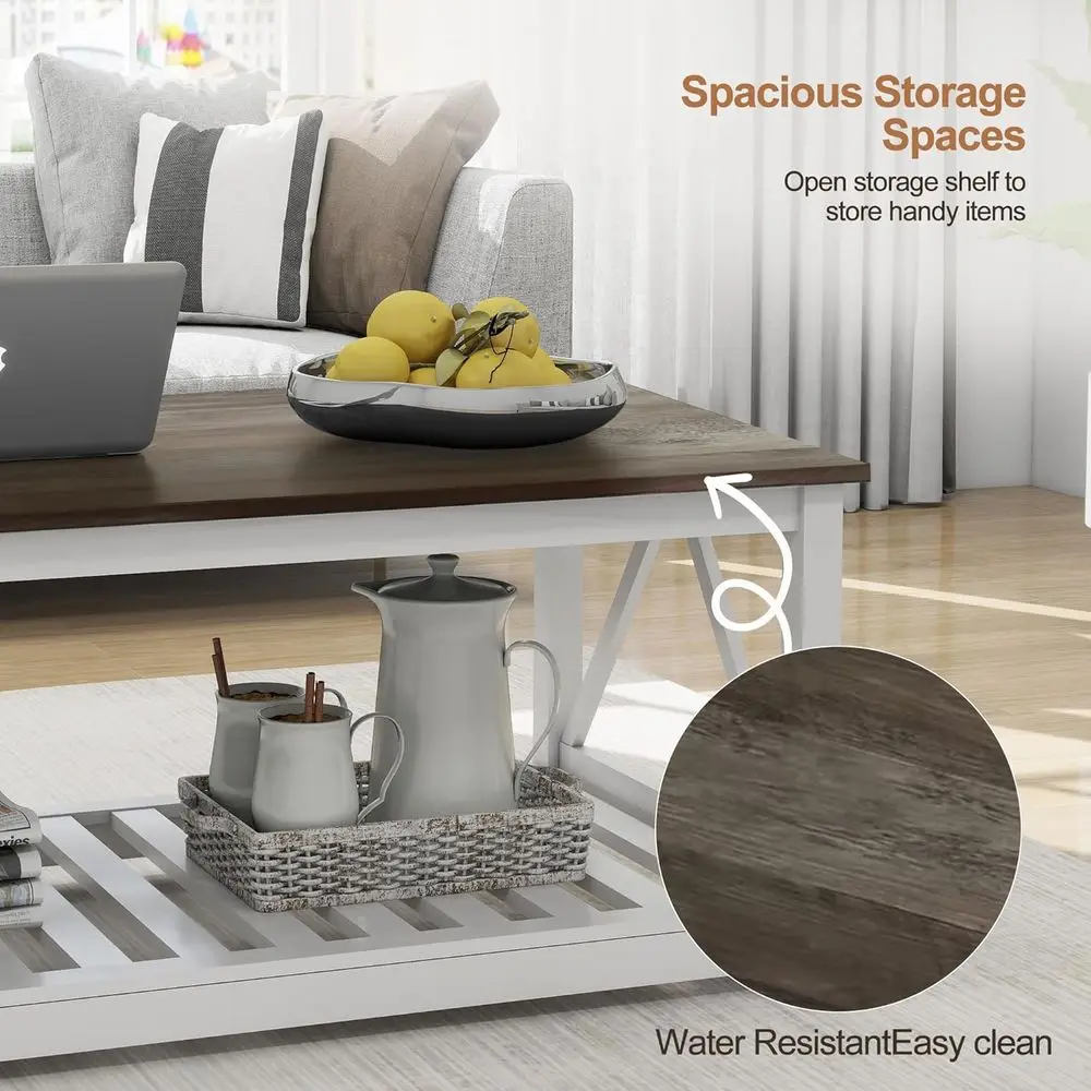 Modern Rectangular 2-Tier White Oak Coffee Table with Slat Shelf and V-Frame for Living Room