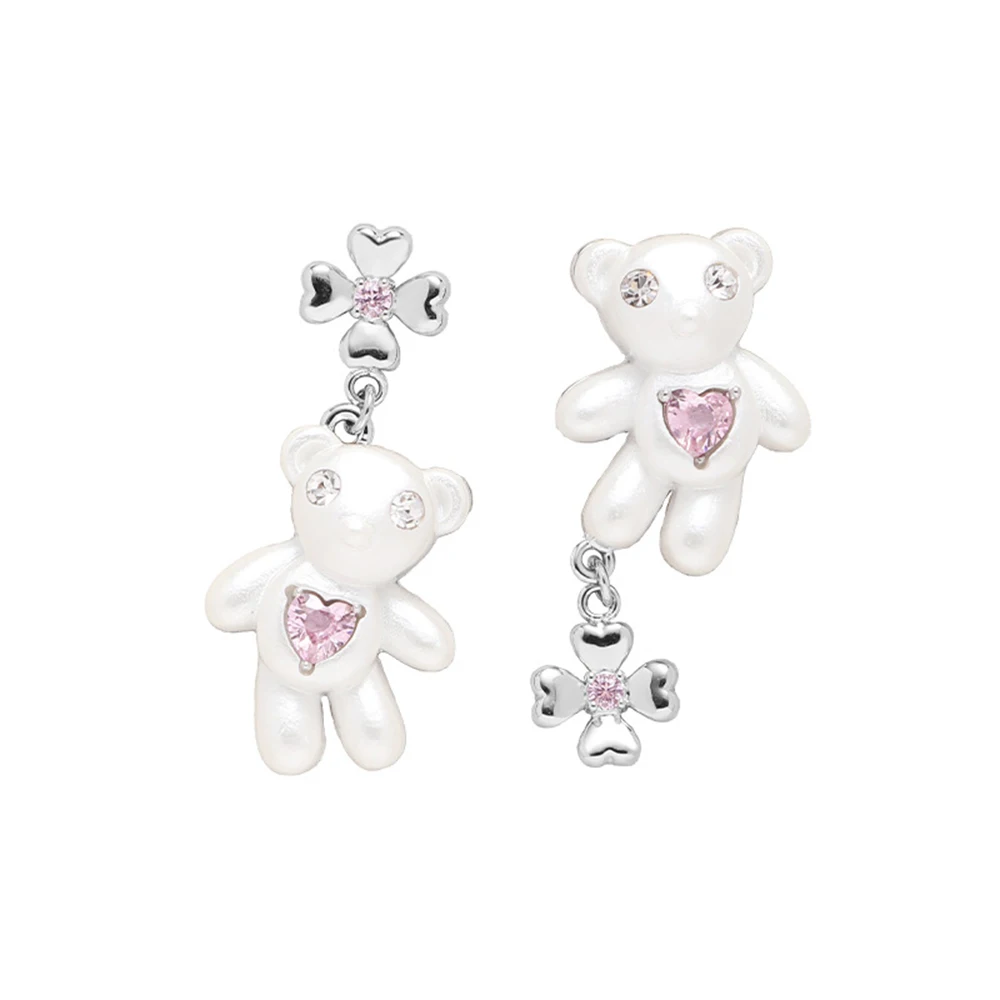 Eetit Stylish Zirconia Resin Flower Bear Drop Asymmetrical Earrings for Women Exclusive Design Sweet Cute Jewelry Gift