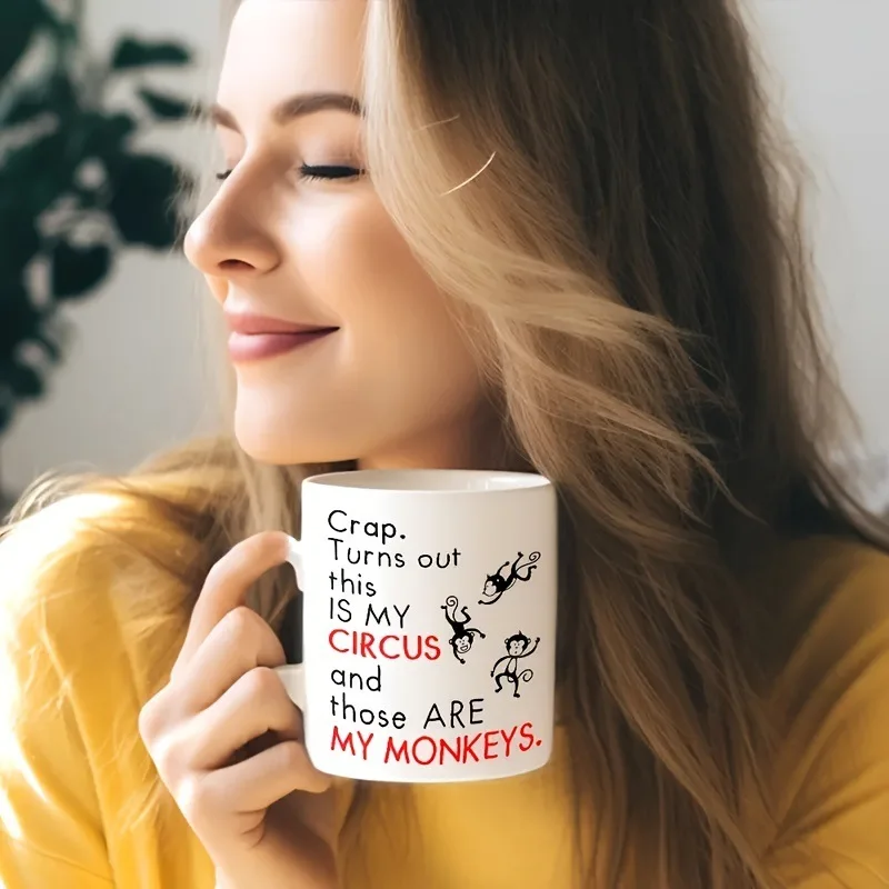 White ceramic cup household coffee mug office simple letter monkey water cup creative cup
