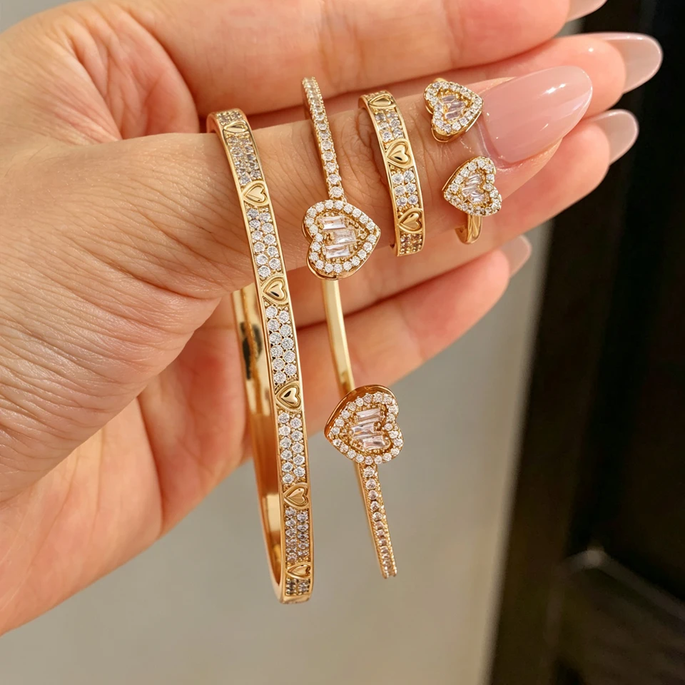Yupsk 4-teiliges modisches Herz-Design-Armband-Ring-Set aus glänzendem Zirkon-Kupfer für Frauen, exquisiter, wunderschöner Schmuck für Hochzeiten und Partys – Detail 9