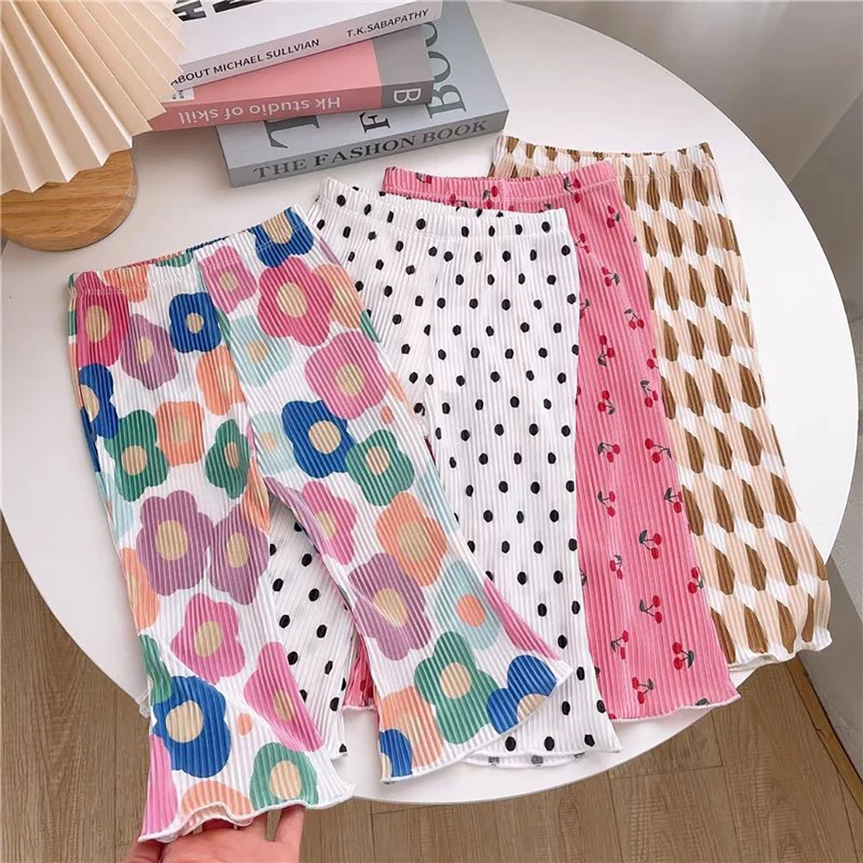 Chic and Comfortable Girls Lightweight Floral Polka Dot Bell Bottom Pants with Flared Hem Suitable for Summer Days and Evenings