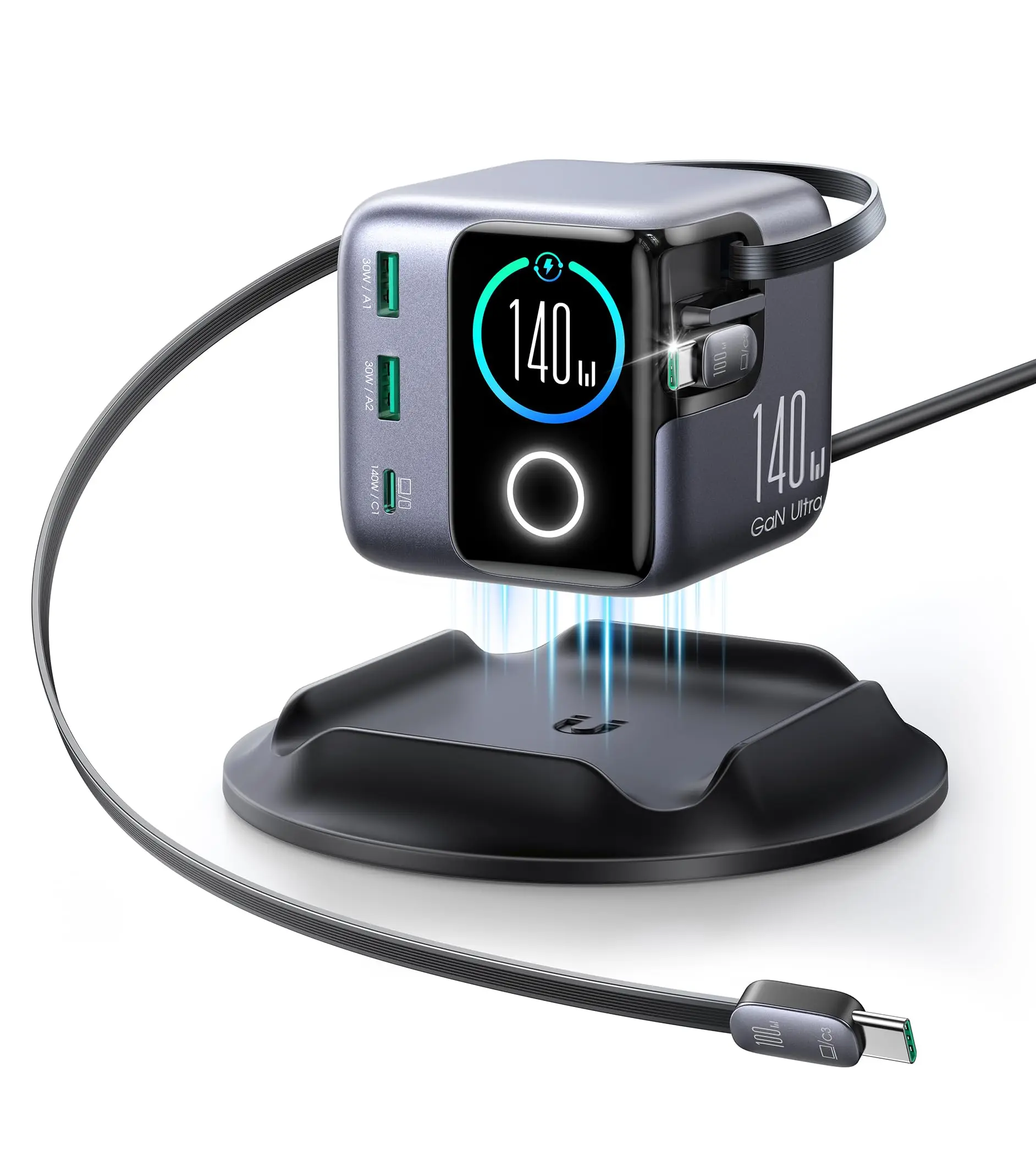 

Зарядная станция USB-C 5-в-1, 140 Вт, сверхбыстрое зарядное устройство для рабочего стола с 5 портами и двумя выдвижными кабелями USB-C по 100 Вт (2,6 фута)