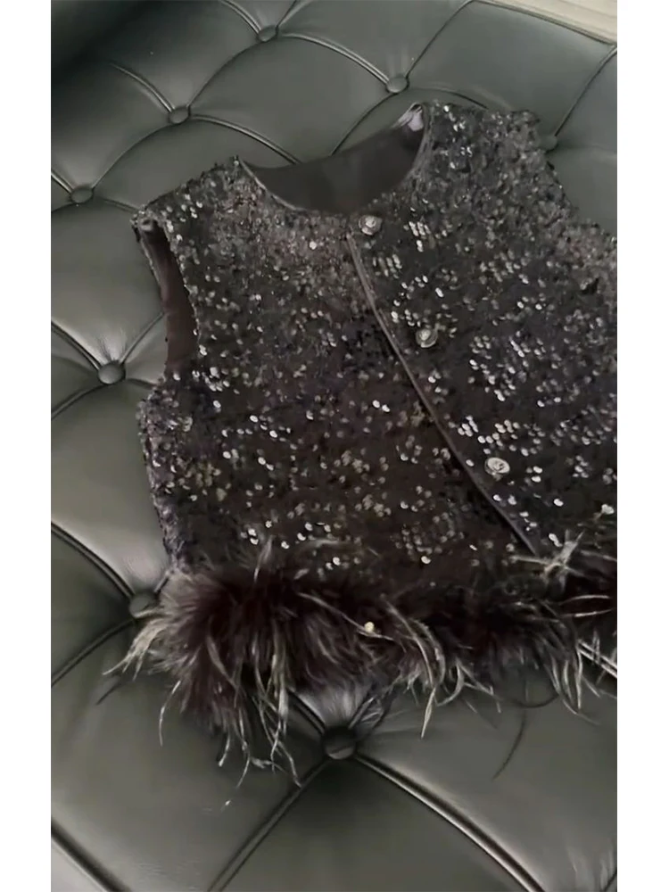 Black Feathers Sequins Vest Women's Maturity Light Clothing Front Zipper round Neck Polyester Fiber 25-29 Years Old