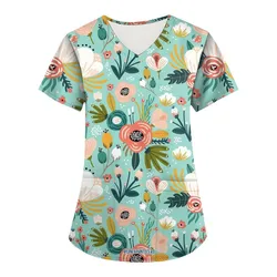 Women Nurse Uniform Flower 3d Print V-Neck Pocket Medical Uniforms Cartoon Nursing Scrubs Short Sleeve Pocket Loose Workwear