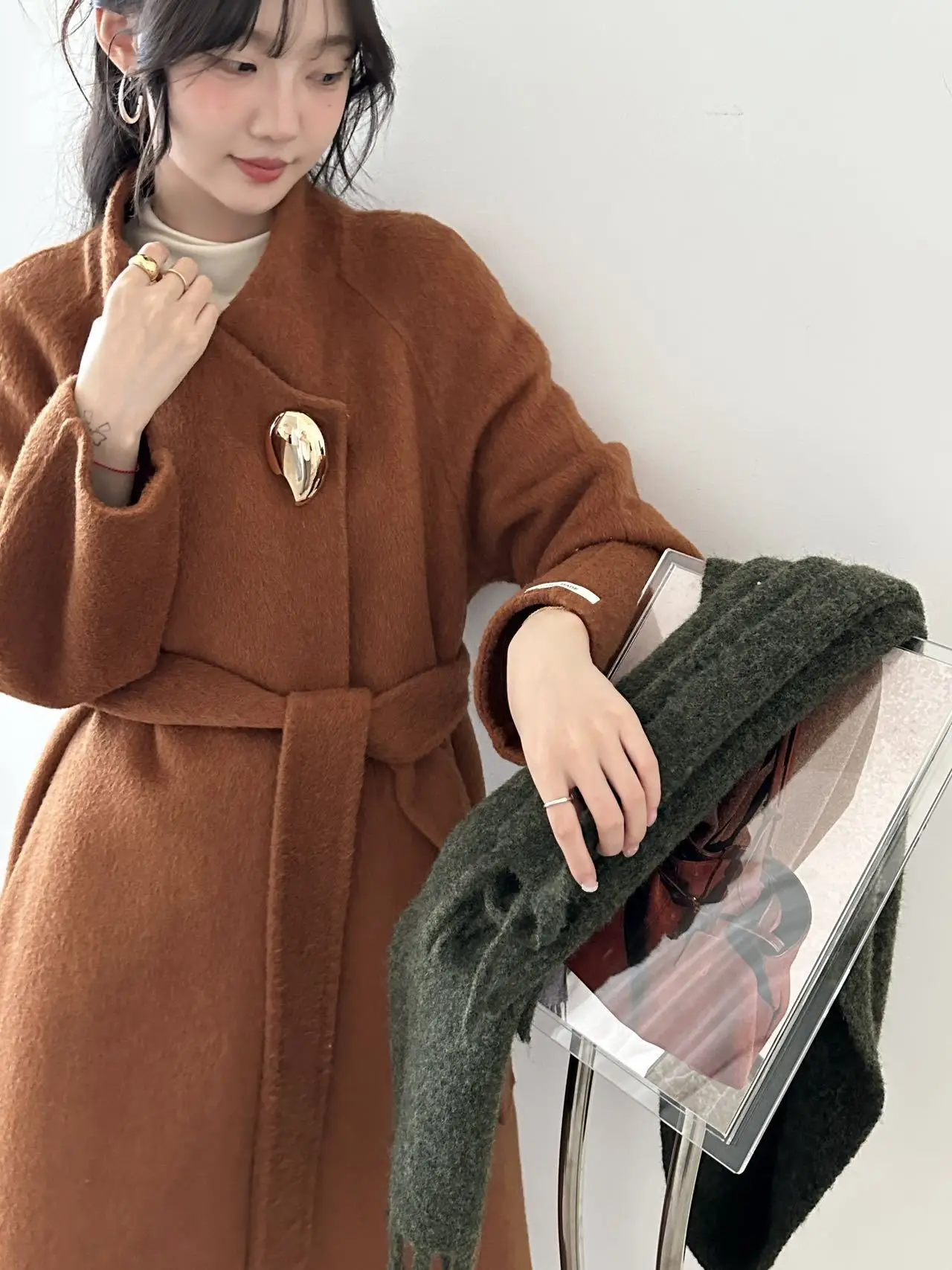 Korean Style Stand Collar One Button Hand Sewn Premium Double Face Wool Coat Women Long Elegant Autumn Winter Woolen Outerwear