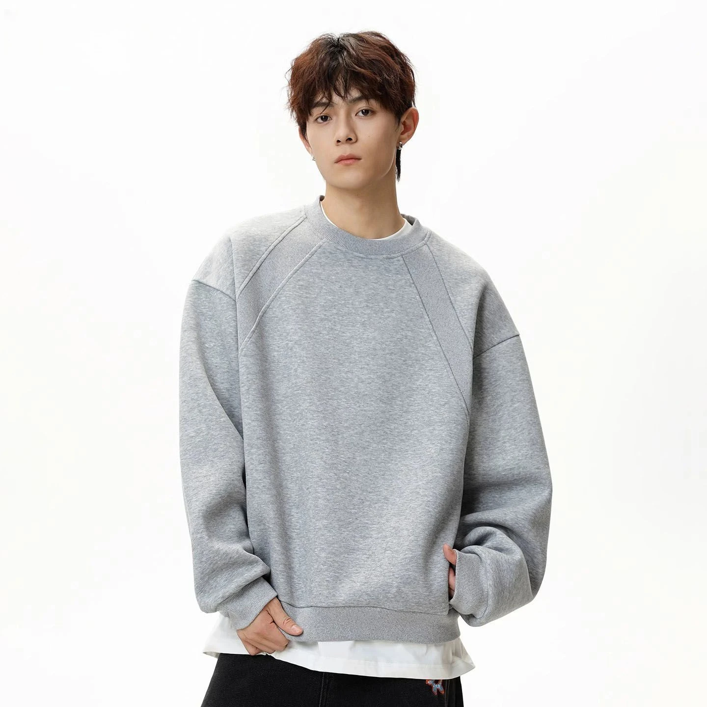 

American heavyweight space cotton round neck sweatshirt men's early autumn new spliced ​​high-end loose pullover jacket trend