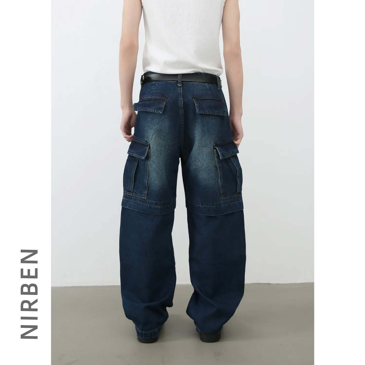 Denim American Pants Washed And Spliced Multi-pocket Jeans Men's Loose Straight Trousers