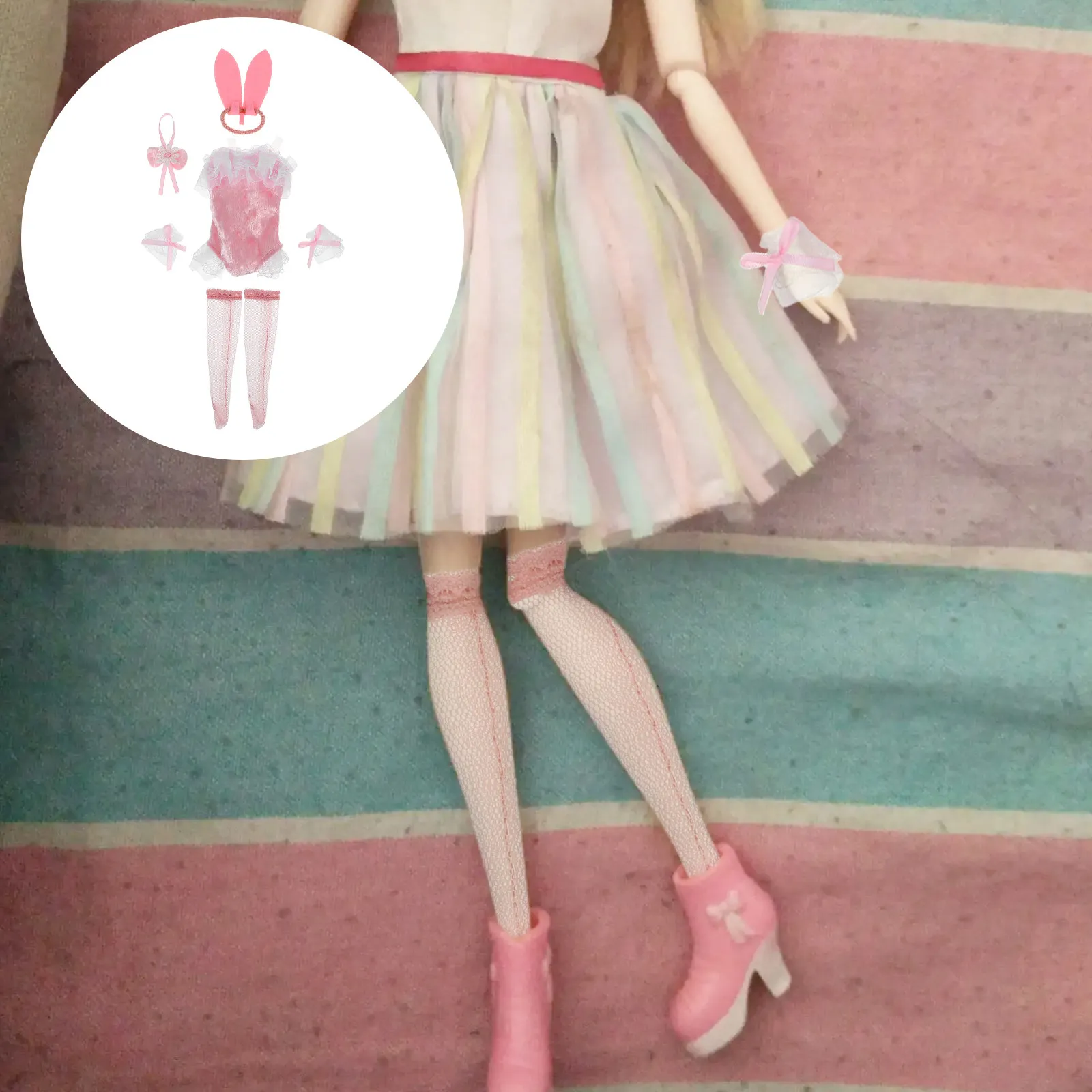 

1Set Bunny Outfit for Dolls Cute Lace Skirt Sleeve Necklace Headwear Socks Party Dress Clothes Accessories Playtime Birthday