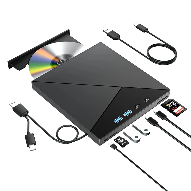 Multifunction External DVD RW 7-in-1 Optical Drive CD/CD+/DVD+/-RW USB Type-C SD/TF Card Reader Portable Burner for Desktop