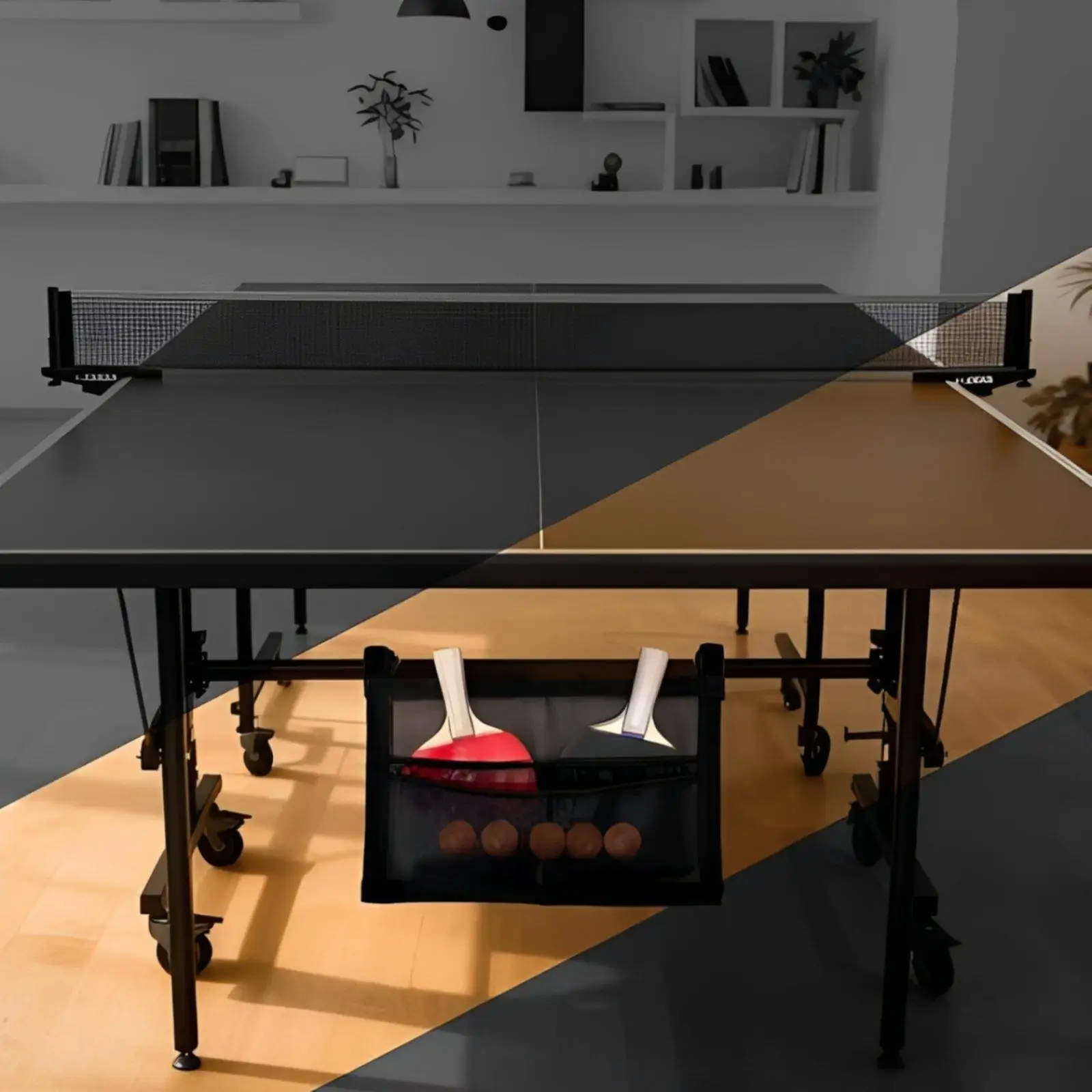 Table Tennis Paddle Holder Easy to Install Hanging Mesh Storage Bag Large Capacity Under Table Racket Organizer for Game Room,