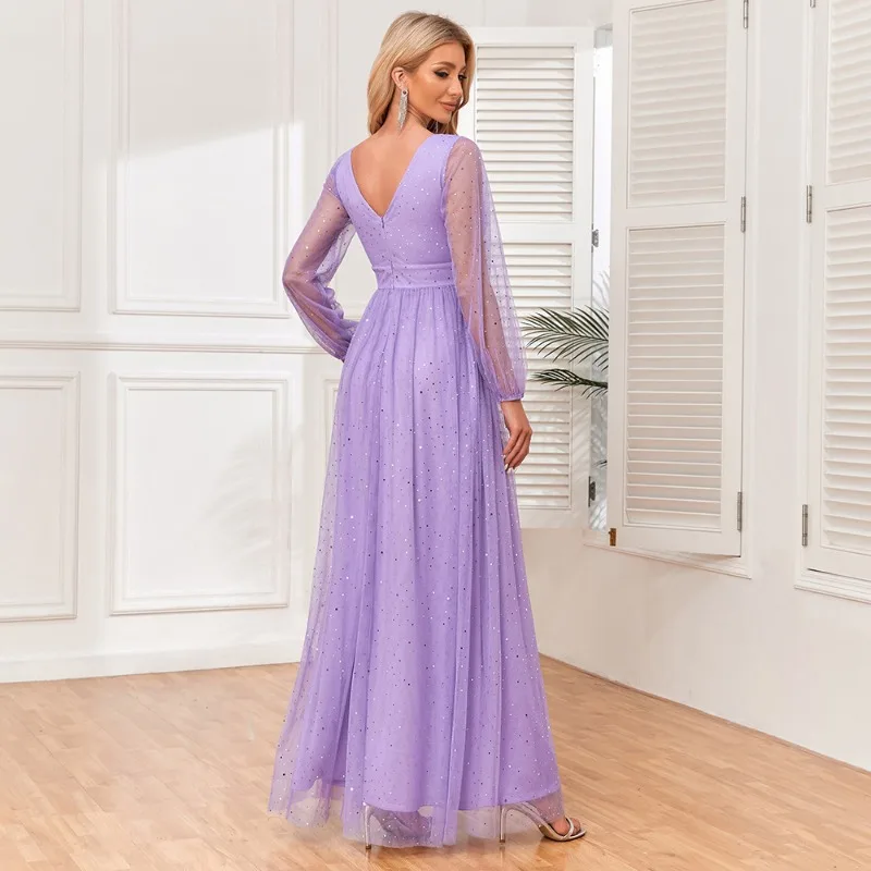 Women's Elegant Double V-neck See Through Long Sleeved Sheer Shiny Evening Gown A-line Fully Lined Wedding Party Dress