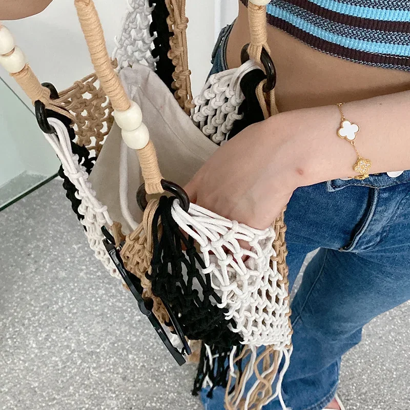 Bohemian Tassel Fishnet Women Shoulder Bags Colorful Rope Woven Lady Handbags Handmade Hollow Summer Beach Bag Large Tote Purses