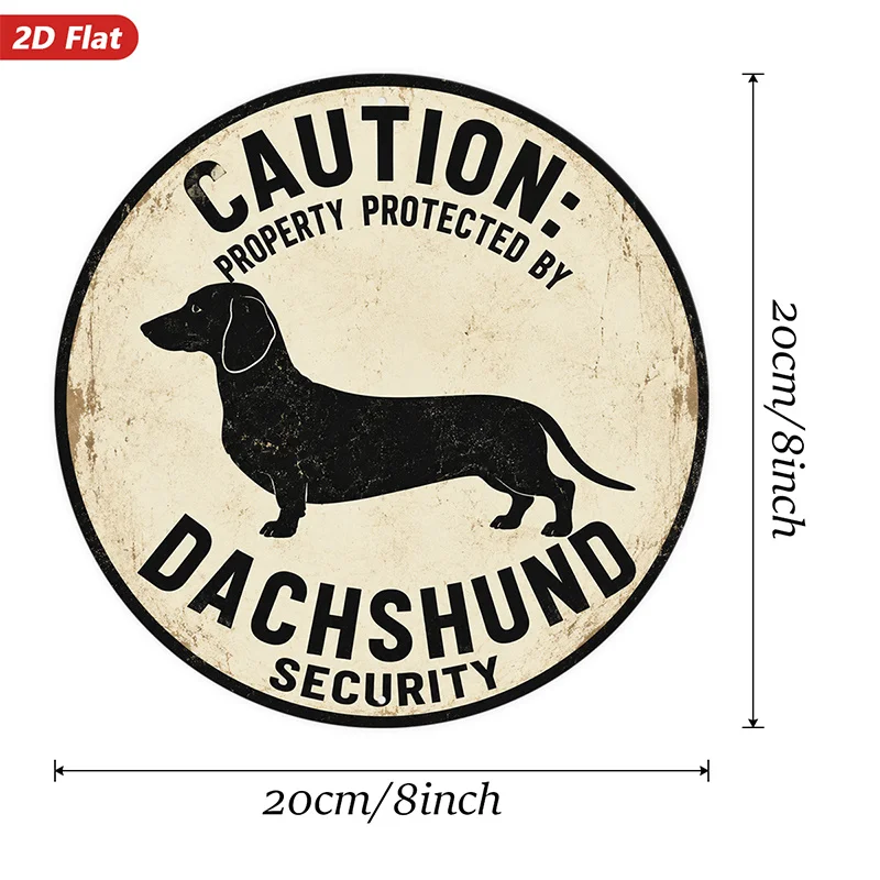 2D Flat, 1pc Dachshund Security Sign Round Metal Sign Wall Art, Caution Text, Ideal for Corner Dining Room, Property Protected B