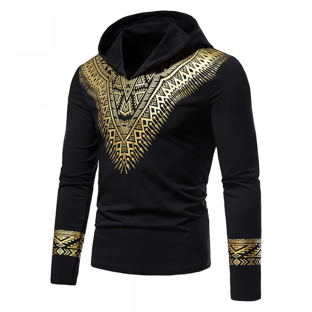 Anime Heren Afrikaanse Dashiki Cosplay Kostuum Rood Zwart Wit Shirt Met Capuchon Metallic Goud Stempel Bedrukt Hoodie Blouse Met Lange Mouwen