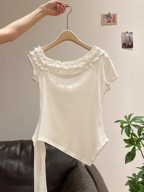 الكورية تي شيرت المرأة ضمادة قصيرة الأكمام الكشكشة انحراف طوق تونك تيز الصيف Camisetas قبالة الكتف غير النظامية مثير تي شيرت #4