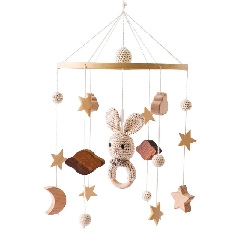 Baby Wooden Bed Bell Cartoon Rabbit Mobile Hanging Rattles Toy Hanger Crib Mobile Bed Bell Wood Toy Holder Arm Bracket Kid Gifts