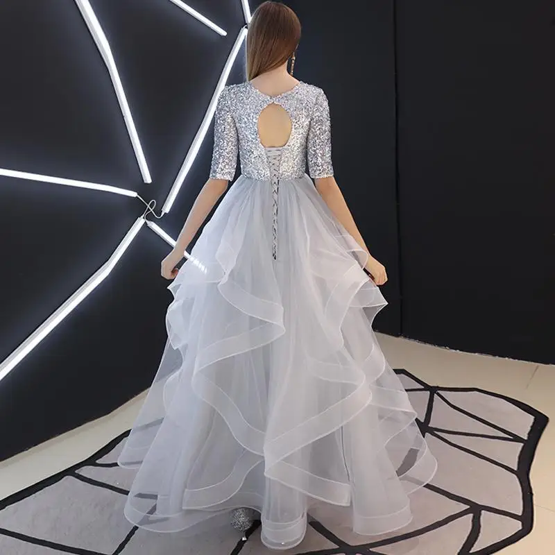 2023 Neues silbergraues Party-Abendkleid mit hochwertigem Glitzer-Kleid mit mittellangen Ärmeln und bauschigem Host-Klavier-Performance-Kleid