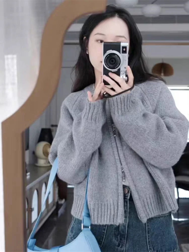 

Синий вязаный кардиган на молнии для женщин, свободный крой, осенне-зимняя верхняя одежда, теплая одежда для повседневной носки