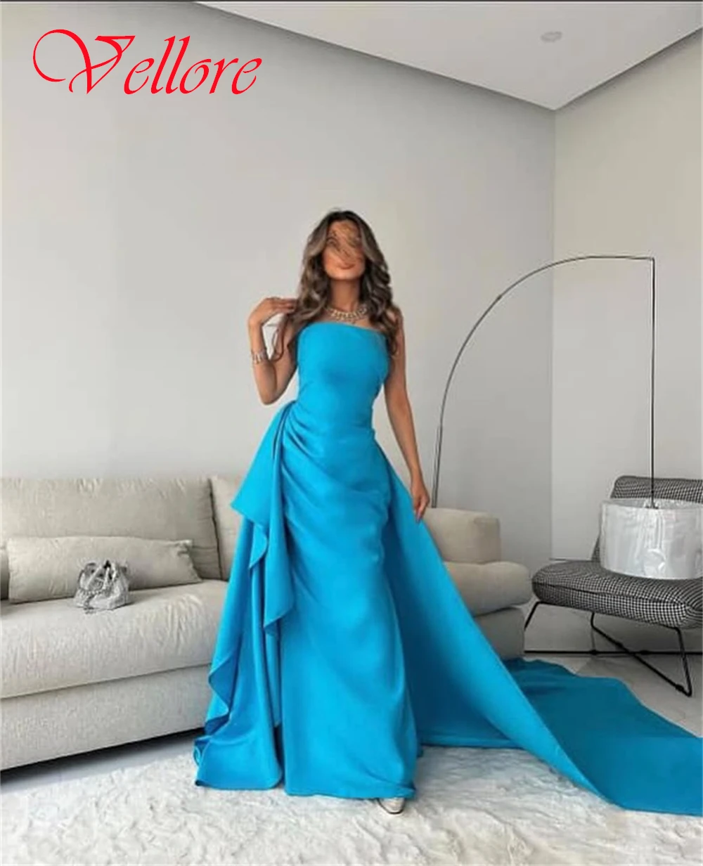 

Customized Elegant Graceful Blue Jersey Evening Dress Exquisite Strapless Sleeveless Celebrity Gowns Delicate Homecoming Dress