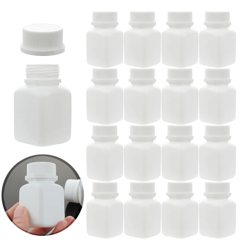 

50/100pcs Empty 30cc 30ml White HDPE Square Shape Potable Plastic Vitamin Pill Bottles with Tamper Proof Caps Lids for Medicine