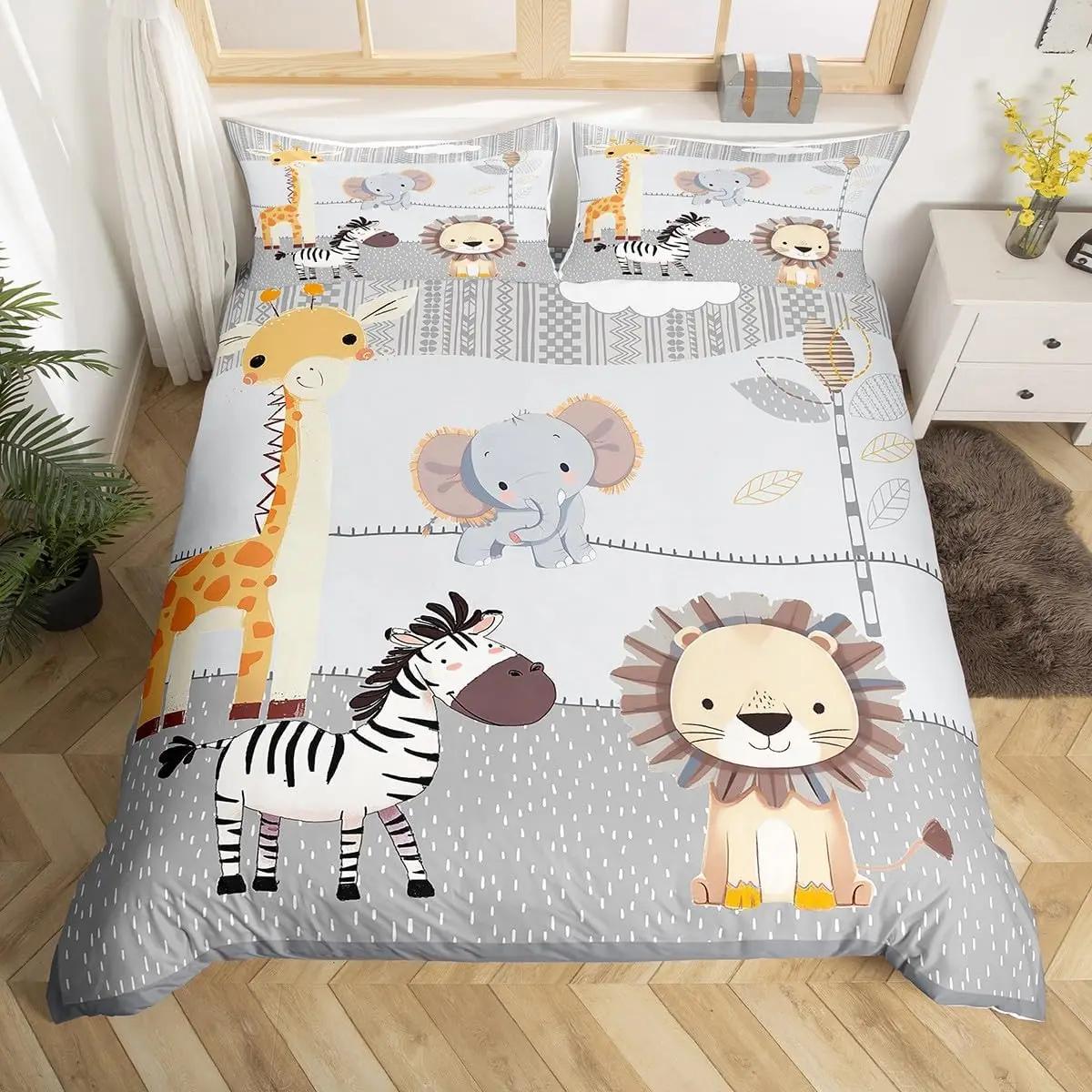Cute Cartoon Animals Bedding Set Twin,Kawaii Elephant Lion Print Duvet Cover for Kids Boys Bedroom Decor,Boho Trees Quilt Cover