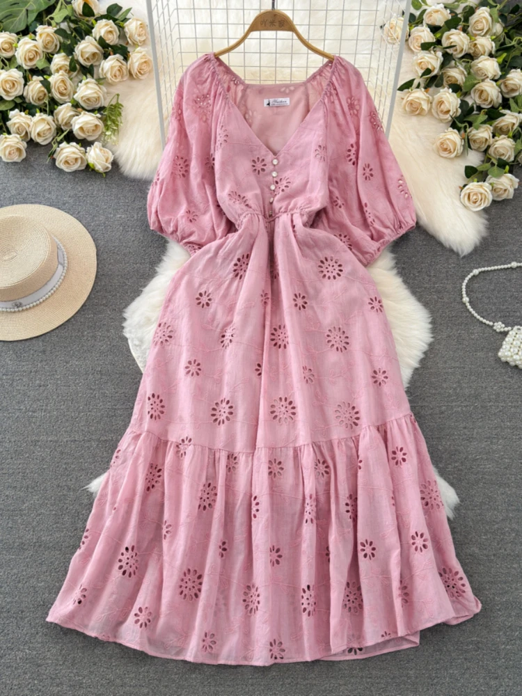 Summer Dress Women clothing Short puff Sleeved V-neck A-line Hollow Embroidered Dress Elegant Long dress