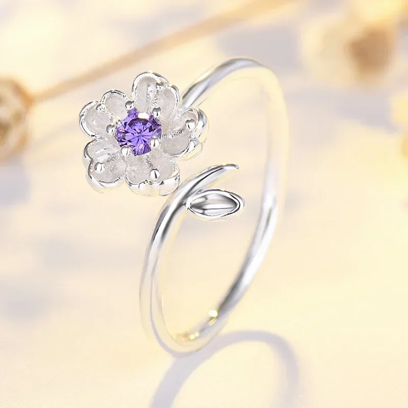 New Sterling Silver Ring Adjustable Open Flowers Couple Engagement Rings For Women Wedding Ring Party Fashion Jewelry Gift